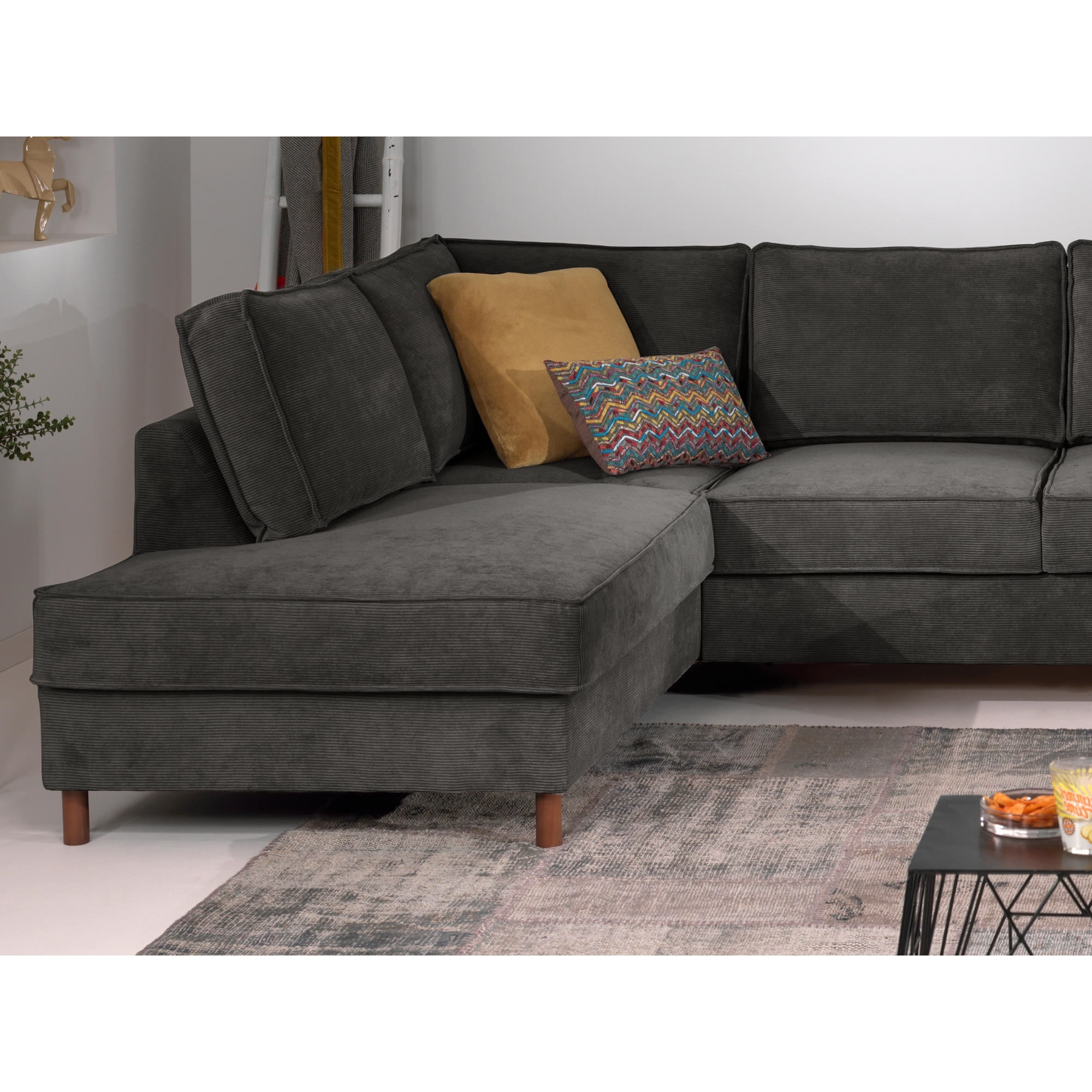 Jake - canapé panoramique d'angle gauche - convertible avec coffre - 7 places - en velours côtelé - Gris foncé