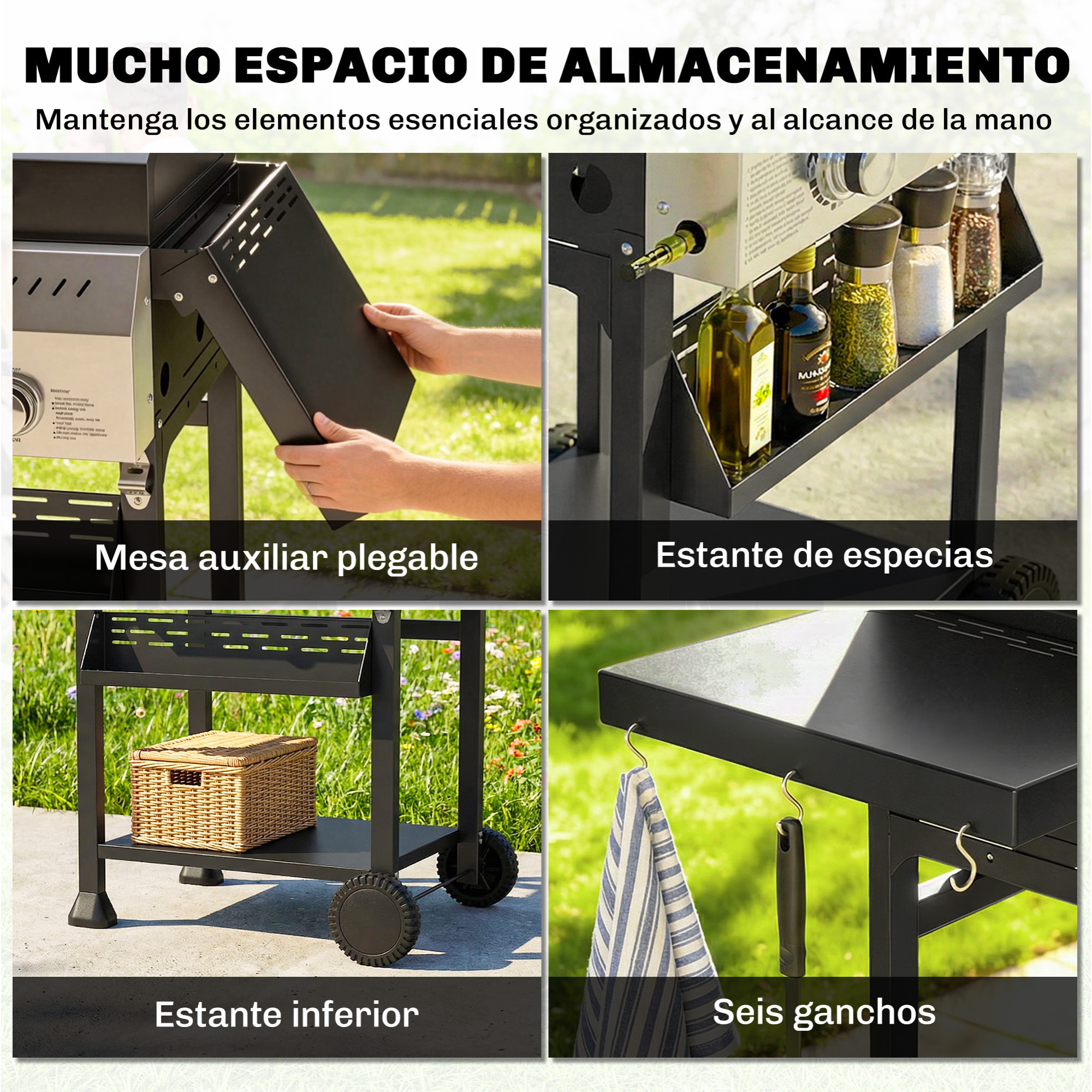 Barbacoa de Gas BBQ Gas con 3 Quemadores 9 kW Barbacoa Portátil con Termómetro Mesas Laterales Plegables Estante Rejilla Calentadora Especiero Parrilla Recogedor Grasa 2 Ruedas Ganchos Negro