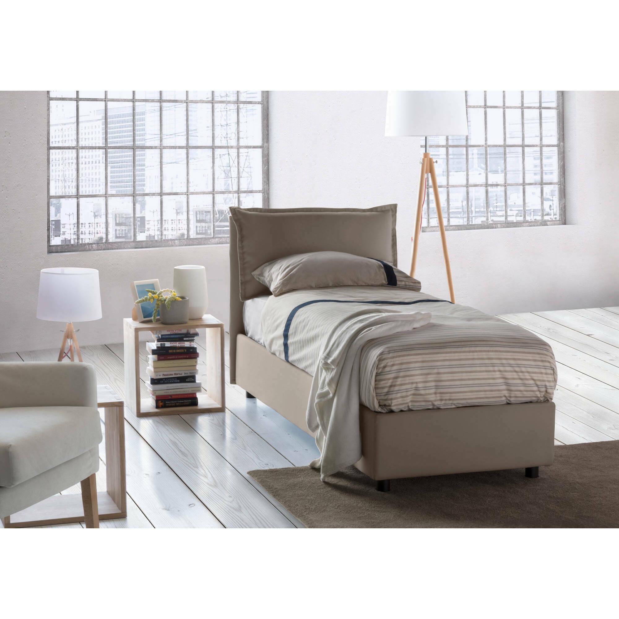 Letto singolo Carolina, Letto contenitore con rivestimento in tessuto, 100% Made in Italy, Apertura frontale, con materasso Cm 80x190 incluso, Tortora