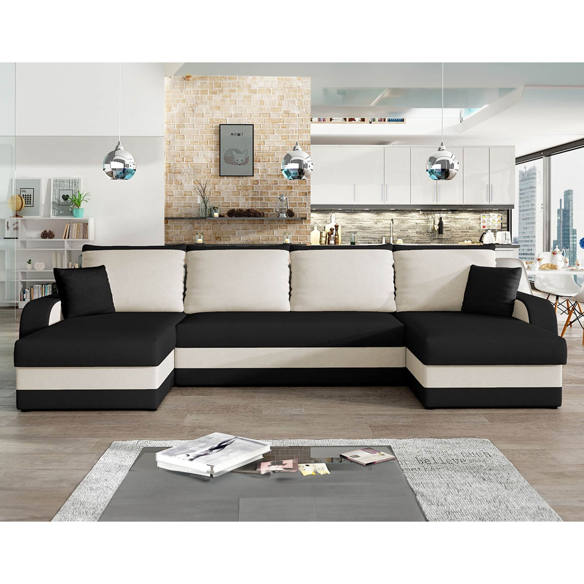 Valos - canapé panoramique en U - 7 places - convertible avec coffre - en velours - Noir / Blanc