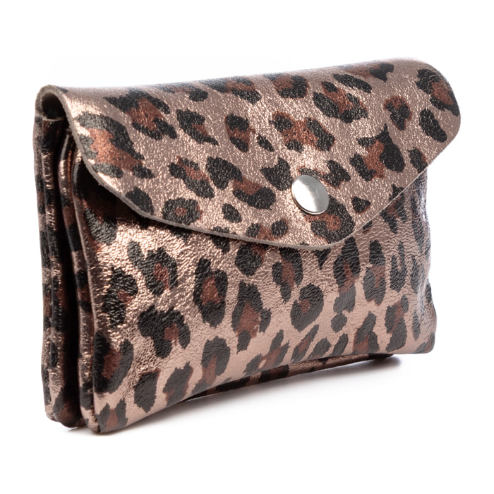 Alseno monedero alargado mujer. Piel auténtica Gamuza, diseño animal print leopardo, lacada brillante.