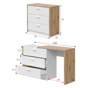 Scrivania Toronto, Scrittoio con cassettiera e piano a scomparsa, Tavolo da studio o ufficio porta PC, 75x40h130 cm, Bianco e Rovere nodi