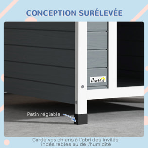 Niche pour chien design chalet sur pied - toit double pente, plancher amovible - plastique noir bois blanc gris