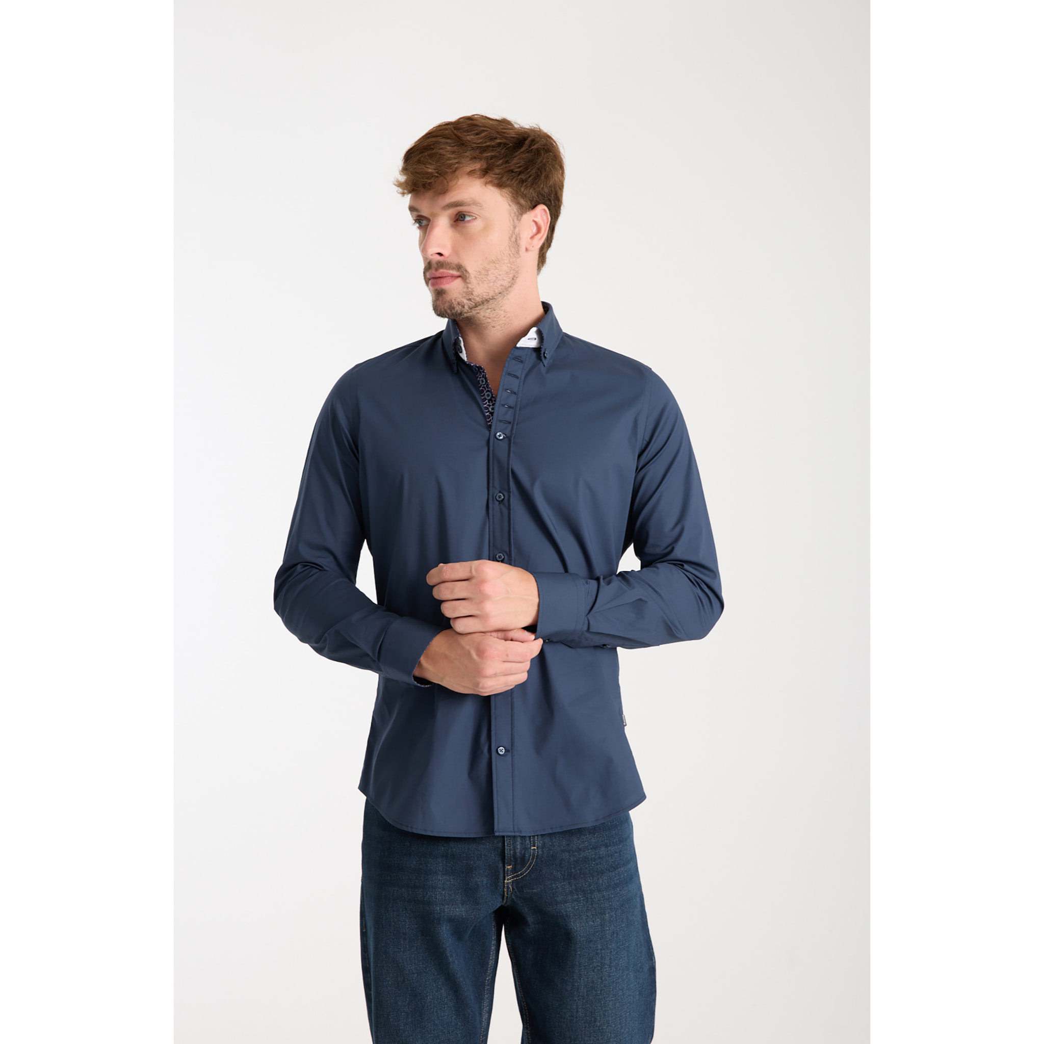 Camicia Uomo 1 Bottoni Button Down Slim Popeline Stretch Unito Blu