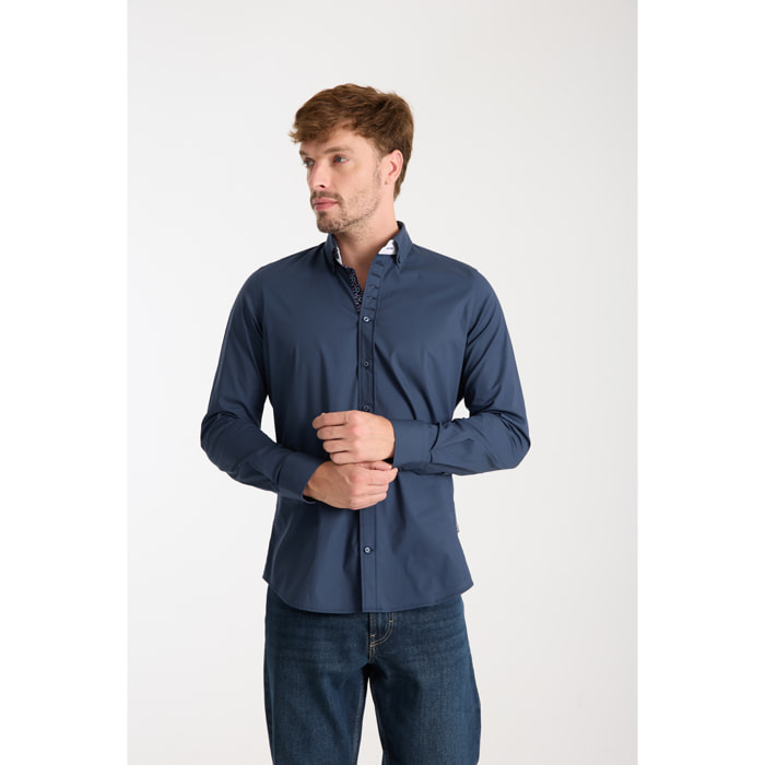 Camicia Uomo 1 Bottoni Button Down Slim Popeline Stretch Unito Blu
