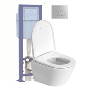 Pack WC suspendu compact sans bride DURAVIT D-Neo avec abattant frein de chute + bati support SIAMP + Plaque de commande chromée