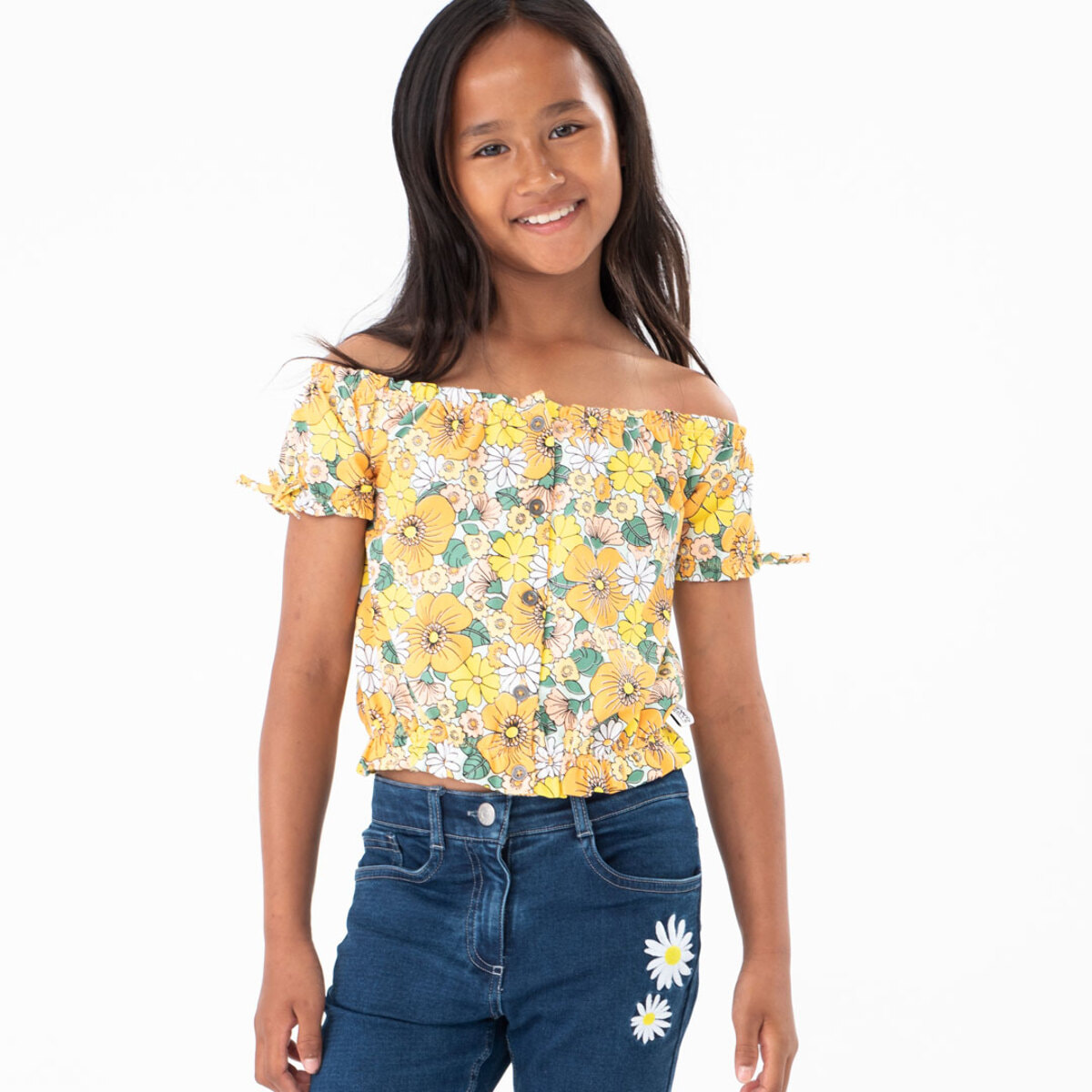 Camiseta niÃ±a estampada, flores, naranja de manga corta