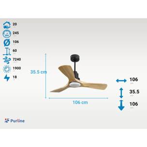 Ventilateur de plafond Réversible  Thermostat Dimmable Wifi Moteur à courant continu Toits en pente Télécommande Lumière à trois tons Hypersilence Mémoire