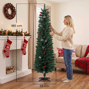 Árbol de Navidad Estrecho con 170 Luces LED Bicolor, 180 cm, Árbol de Navidad de Abeto, 351 Ramas Ignífugas, 11 Modos, 25 Piñas, 25 Bayas Rojas, Mando a Distancia, Estructura de Acero, Verde