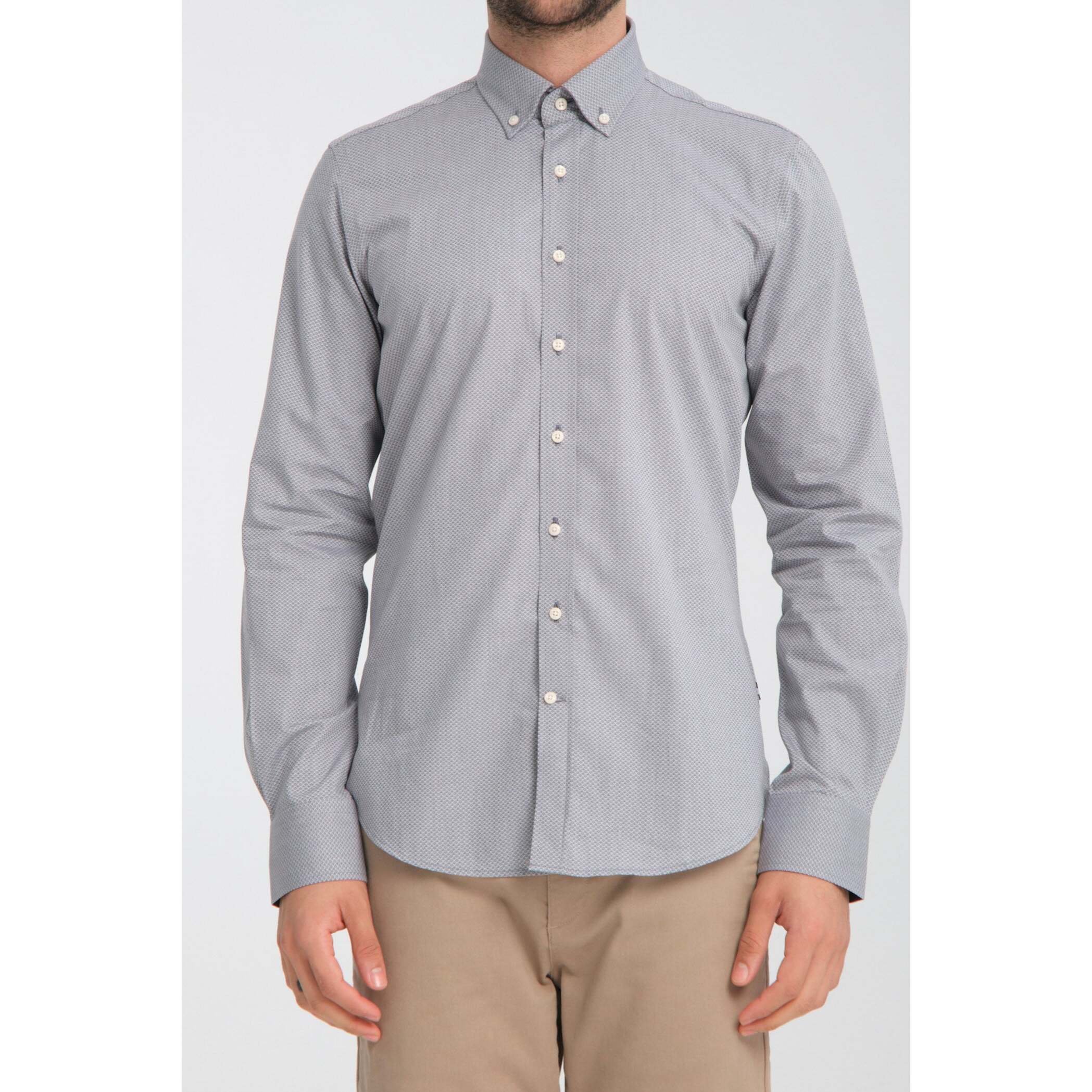 camicia uomo 1 bottone button down slim Jacquard Fantasia Grigio/Bianco