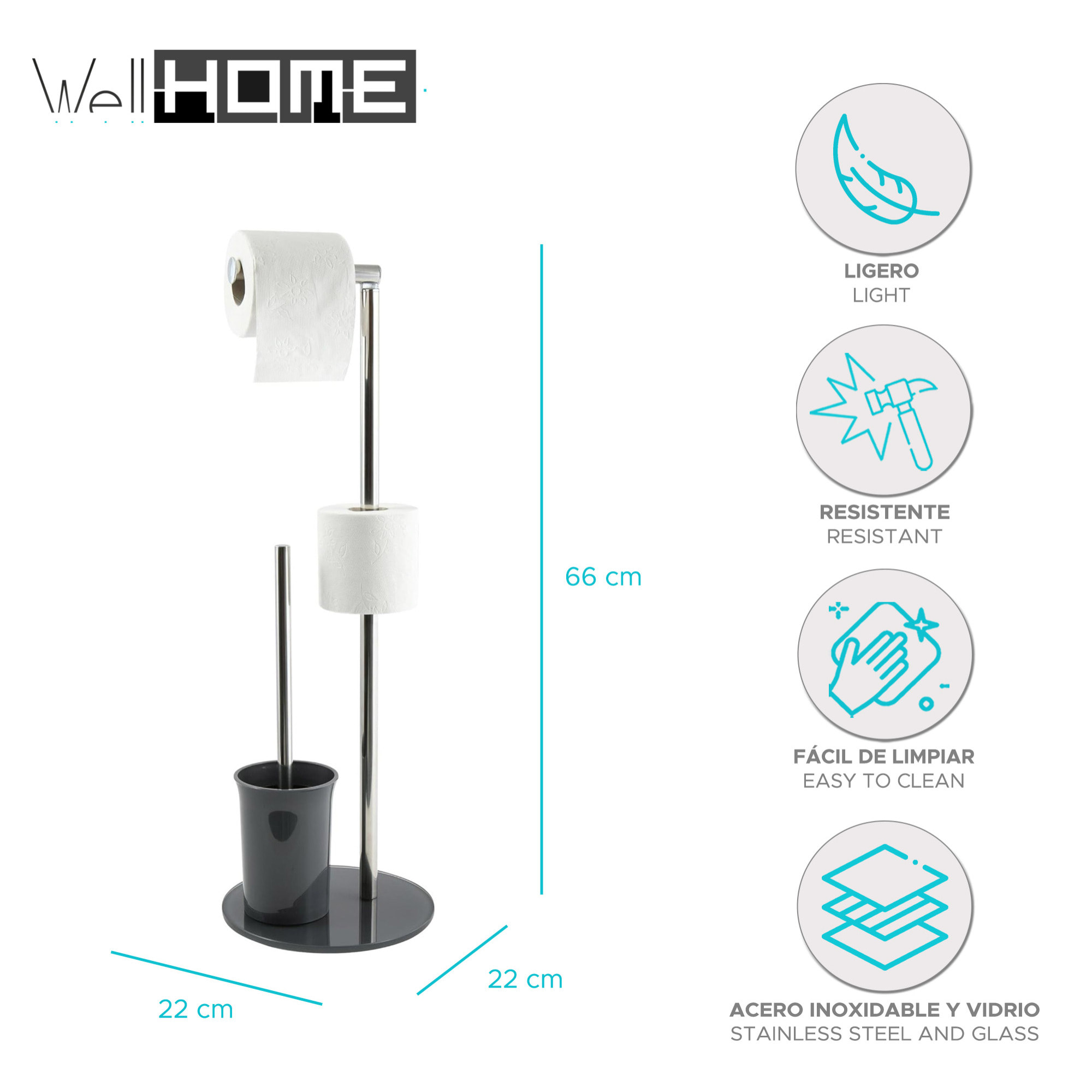 Escobillero de WC en Vidrio, Acero inoxidable y plástico en color Gris