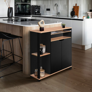 Desserte de cuisine sur roulettes avec rangements noire et bois
