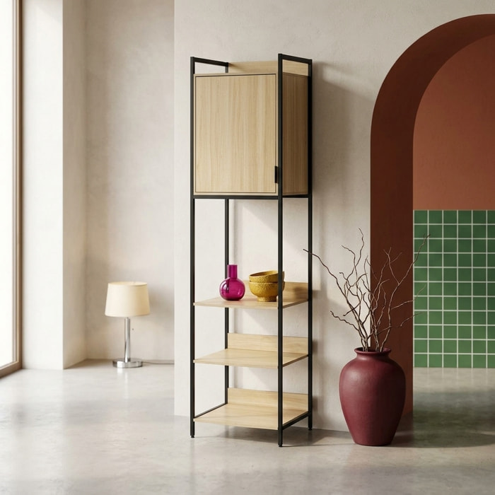 Module dressing décor bois et métal 5 étagères 1 porte CLEVER
