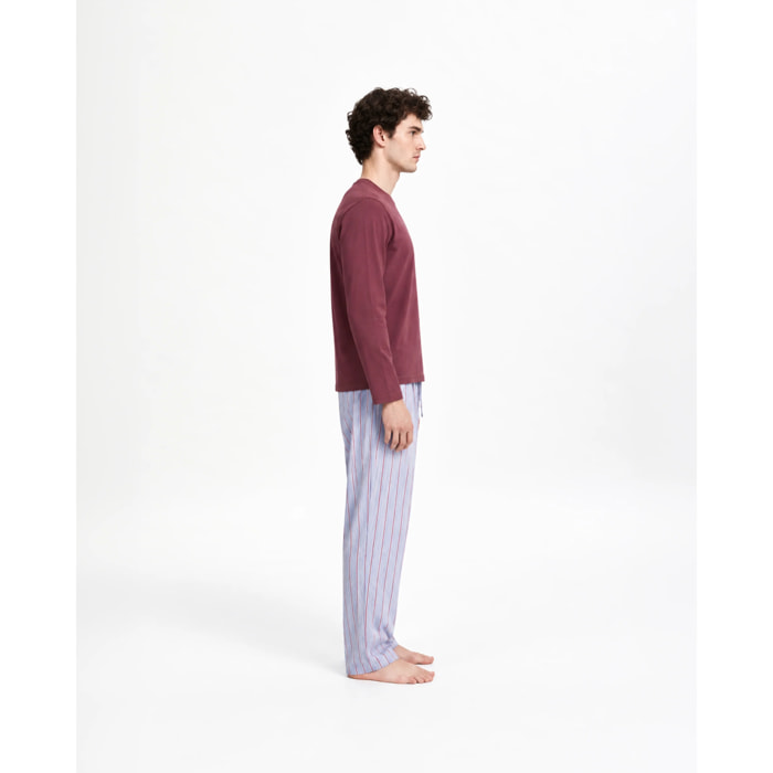 Pigiama lungo in cotone a righe ciel bordeaux