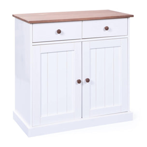 Credenza a due ante e due cassetti, colore bianco e marrone, cm 90 x 86 x 45.