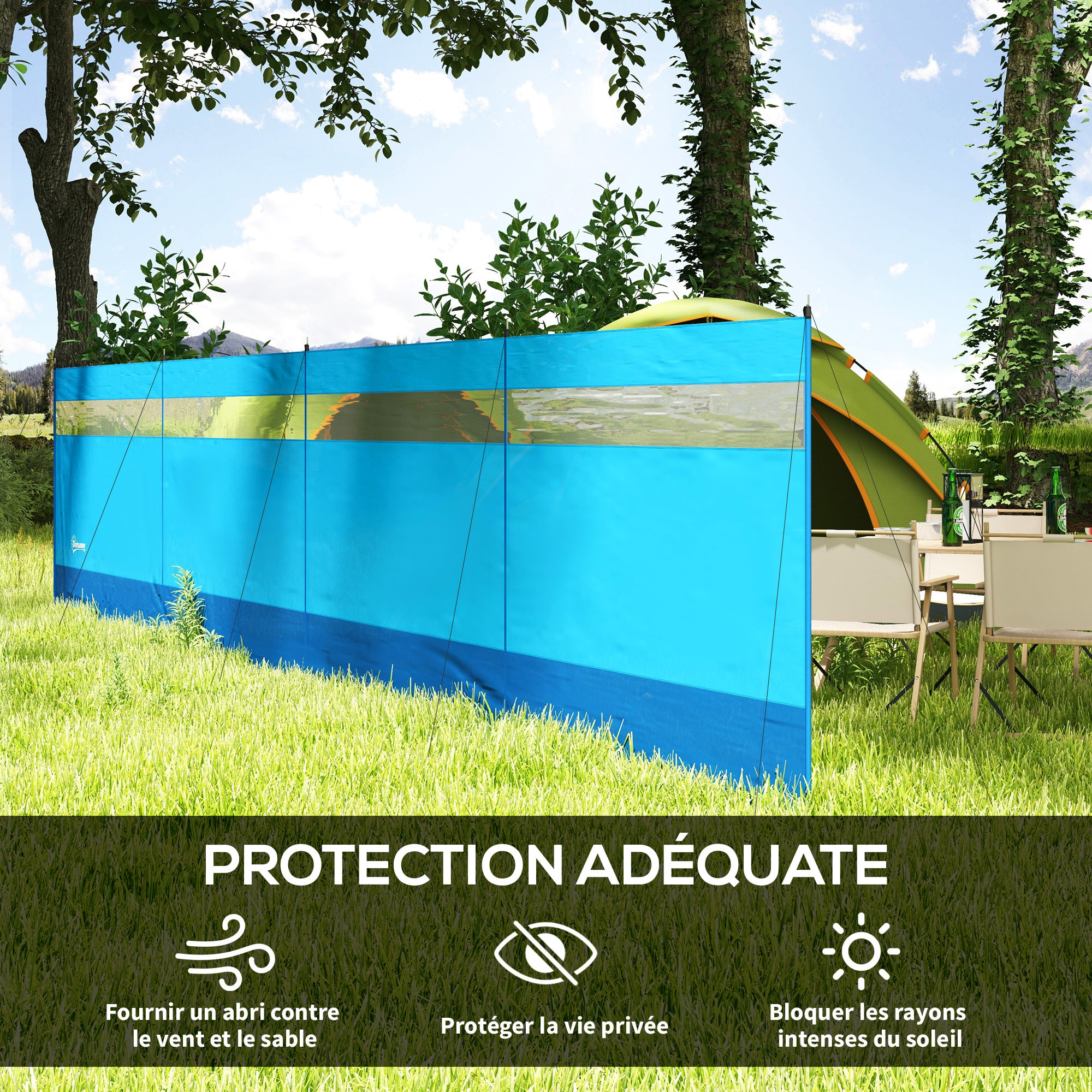 Paravent brise-vue camping plage portable pliable avec sac de transport et poteaux acier dim. 725L x 140H cm bleu