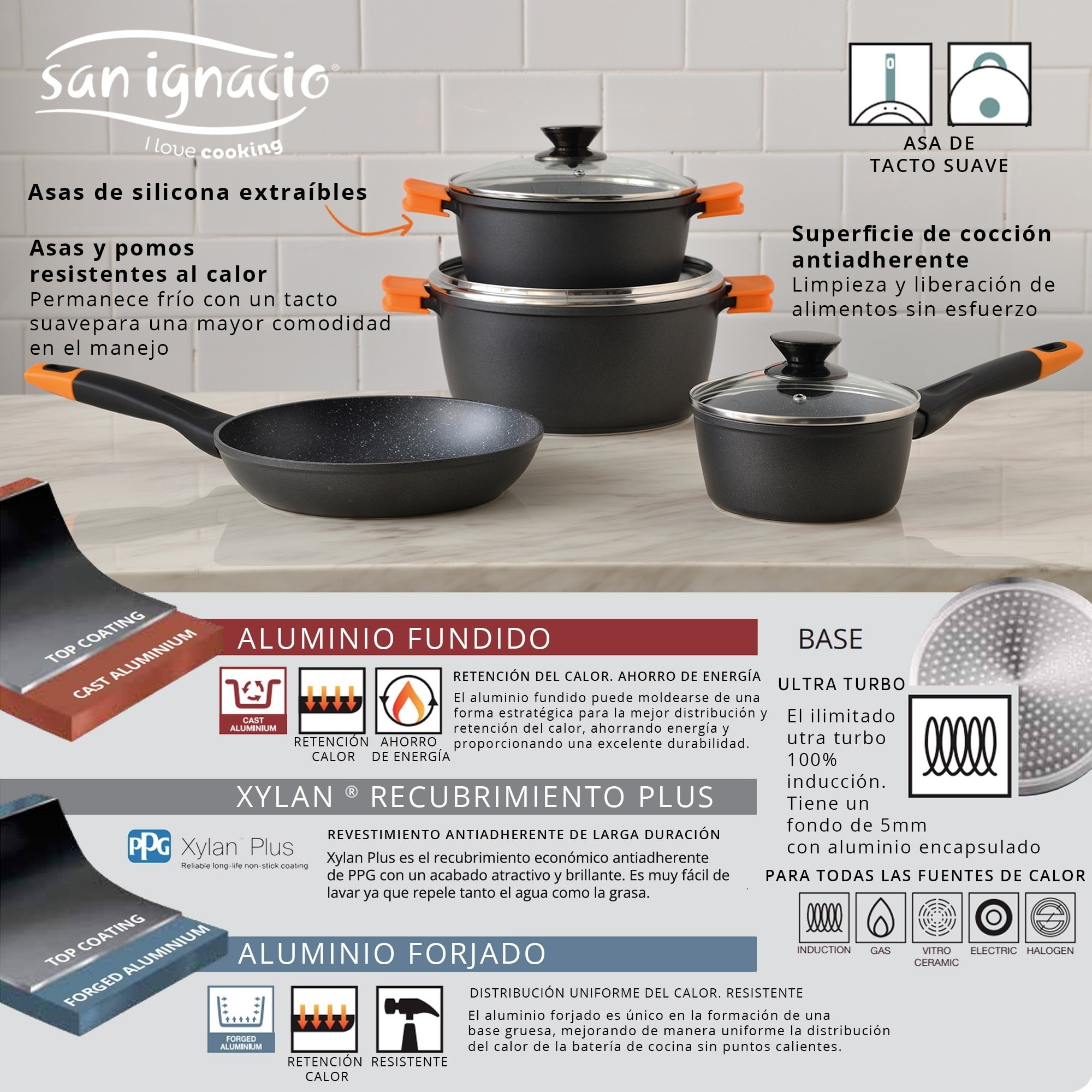 Batería de cocina 7pc en aluminio forjado + juego de sartenes ø18ø22ø26 + espátula ranurada san ignacio