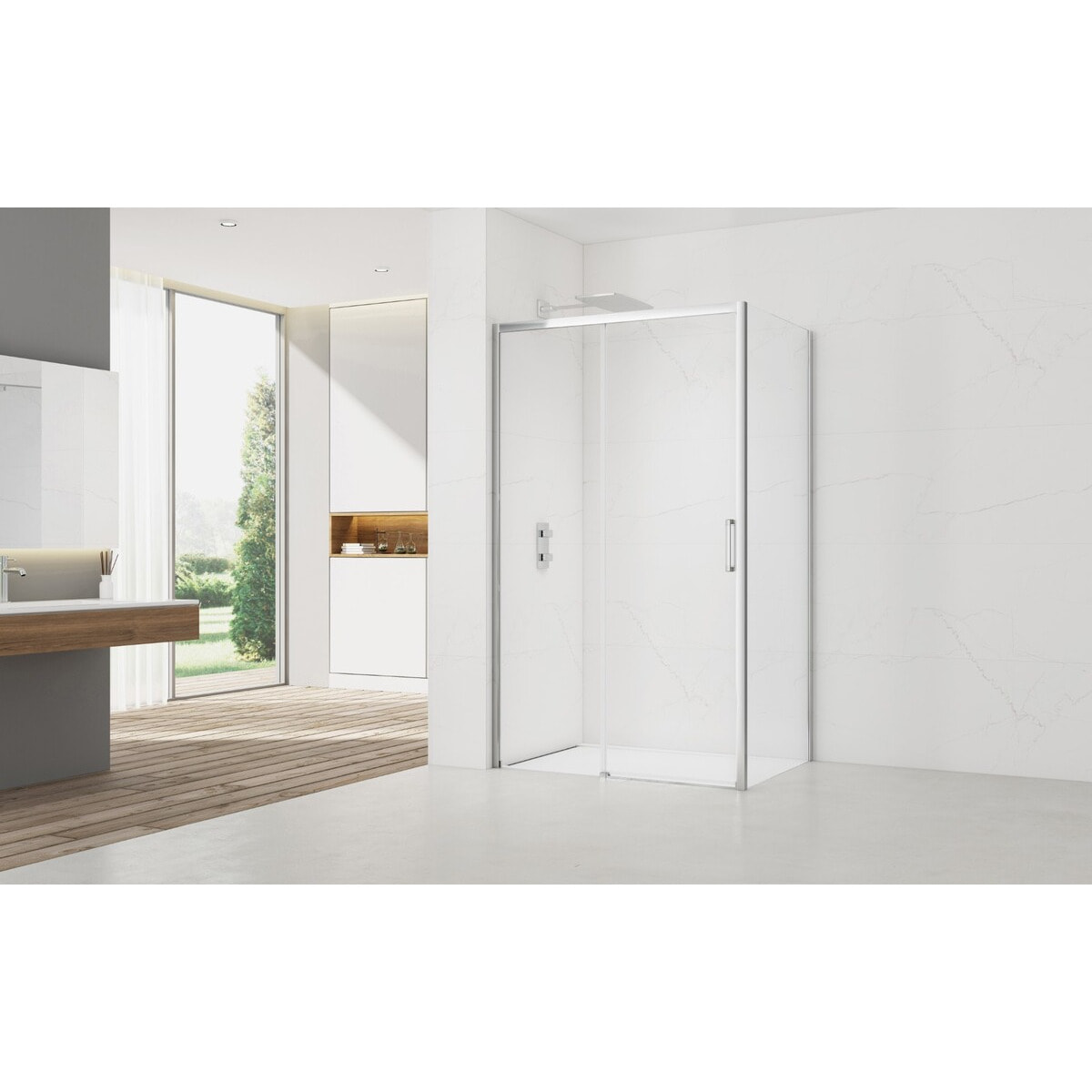 TEX BB ensemble porte coulissante/paroi 120x90cm anticalcaire avec profilés chrome brillant (TEXDBB120S90-SET)