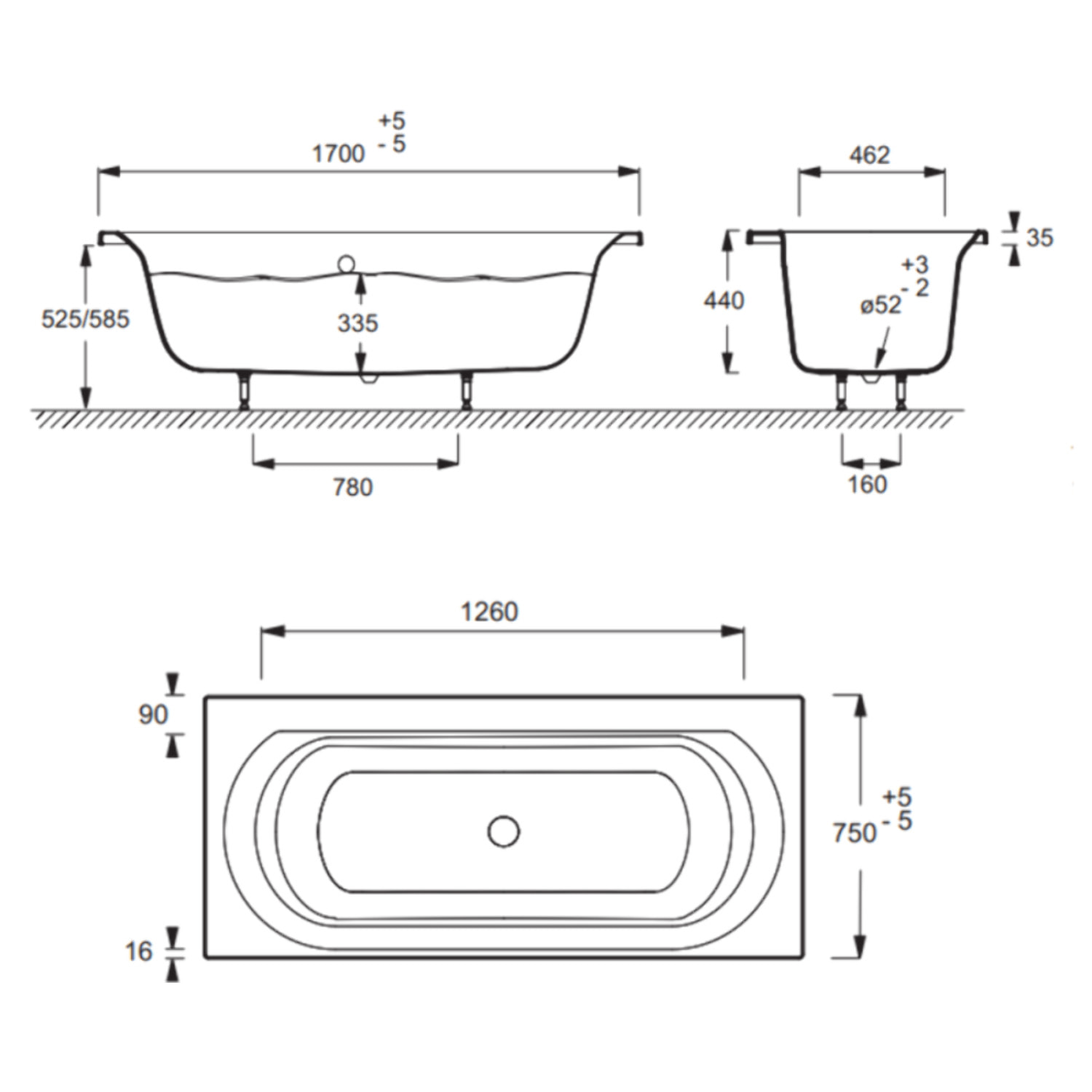 Baignoire droite Elise deux places Acrylique 170 X 75
