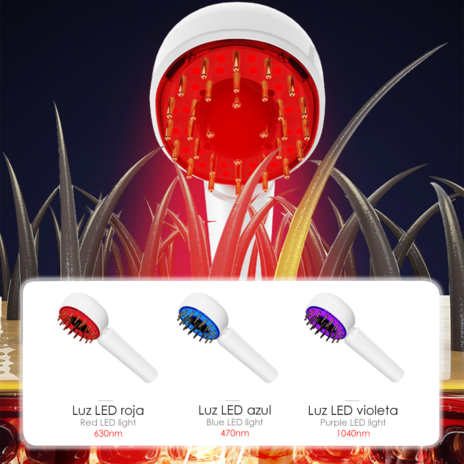 Pettine con trattamento capelli con luce LED in 3 colori, massaggio capelli, erogatore di liquidi.