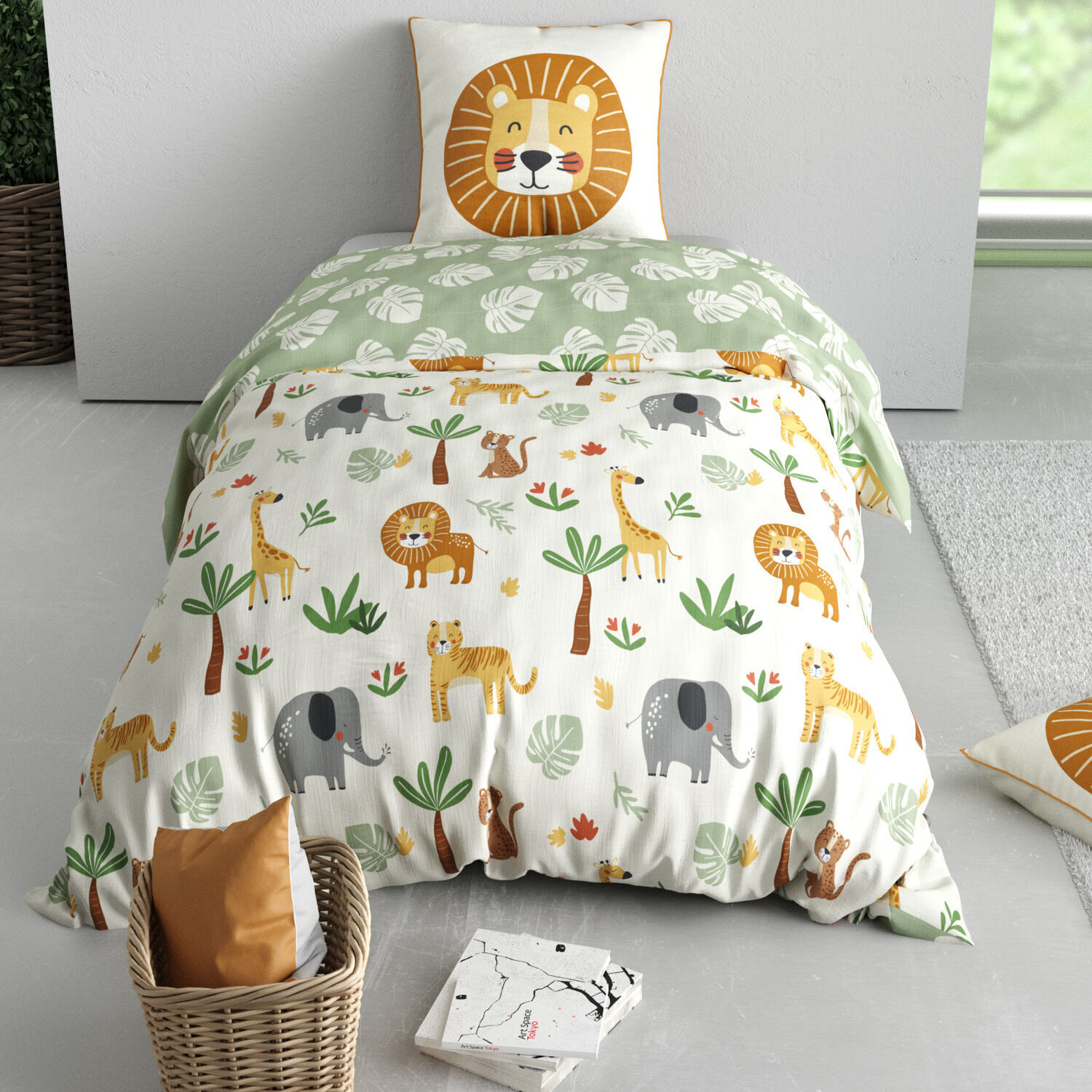 Parure de lit enfant imprimé 100% coton - savane - vert