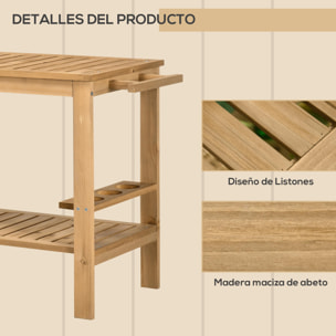 Carrito de Madera de Bar Carro de Servicio de 2 Niveles con Asa Lateral 3 Portabotellas y 2 Ruedas para Jardín Patio Terraza 95x47x74 cm Natural