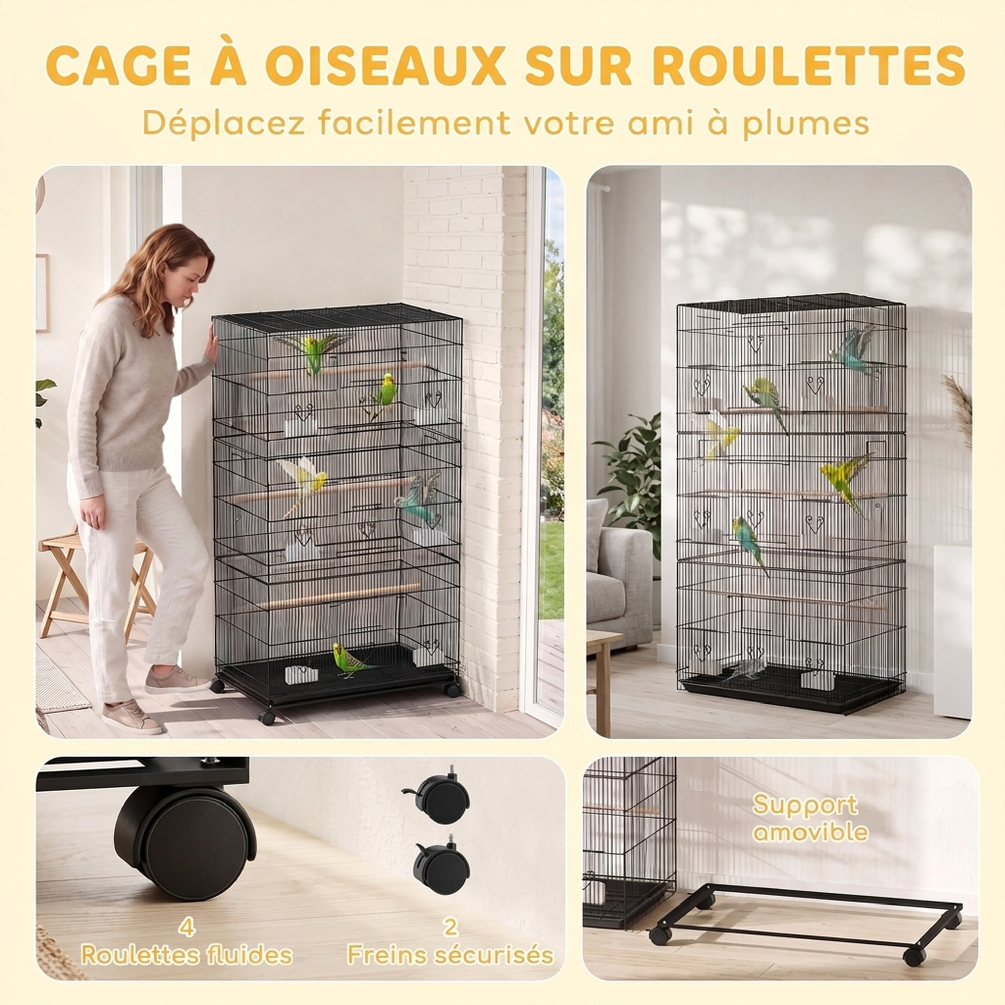 Cage à oiseaux - volière mobile - 3 portes, 10 trappes, mangeoires, perchoirs - noir