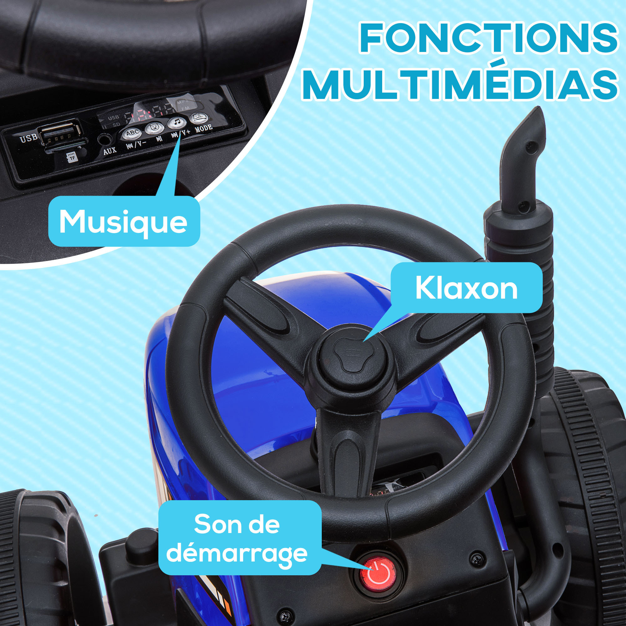 Tracteur électrique avec remorque amovible, voiture électrique enfants de 3 à 6 ans avec télécommande MP3 musique affichage lumières et ceinture de sécurité, 12V 3-6 km/h, bleu