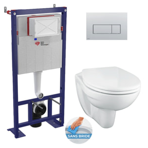 Pack WC Bâti-support autoportant + WC Porcher sans bride + Abattant Astor + Plaque Chrome mat (SMART-Porcher-M572)