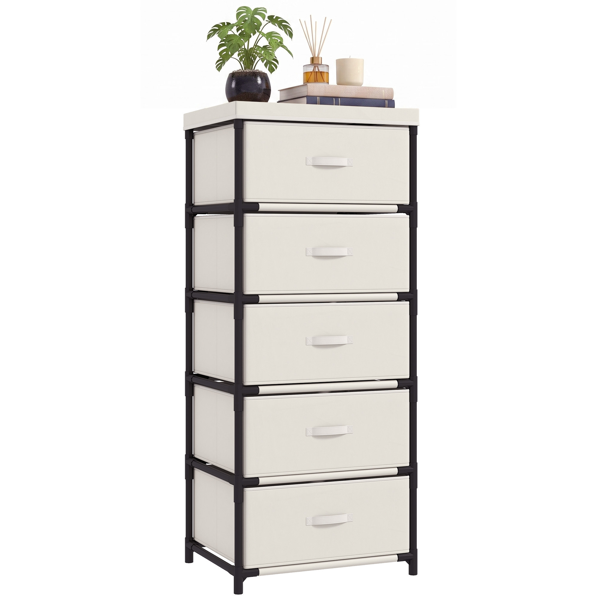 HOMCOM Cómoda con 5 Cajones de Tela, Cómoda para Dormitorio, Marco de Acero, Montaje Rápido, Cajonera para Salón, Oficina, Vestidor, Beige