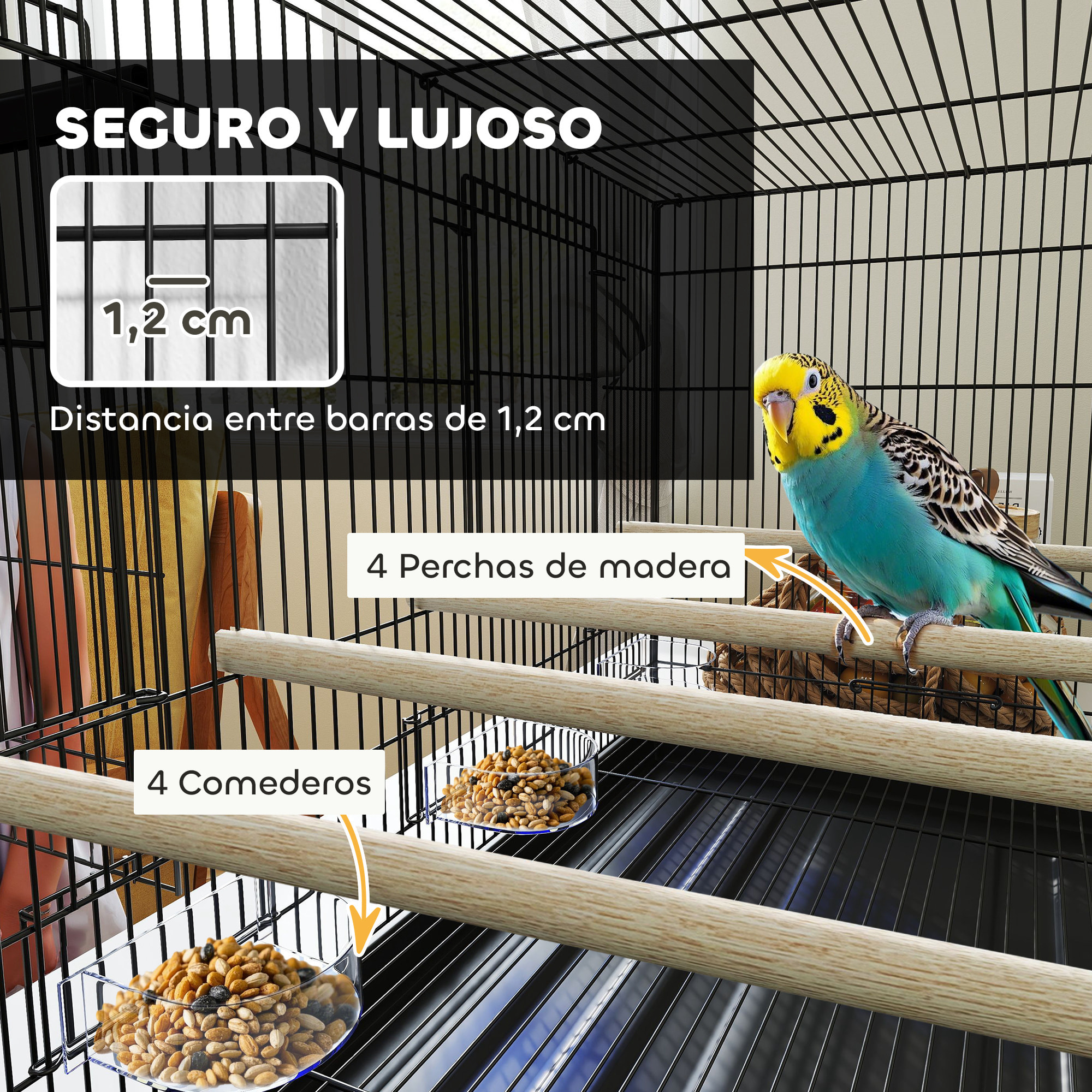 Jaula para Pájaros con Divisor Jaula para Mascota Aves Loros Canarios Pajarera con Comederos Perchas y Bandeja Extraíble 94x57x57 cm Negro