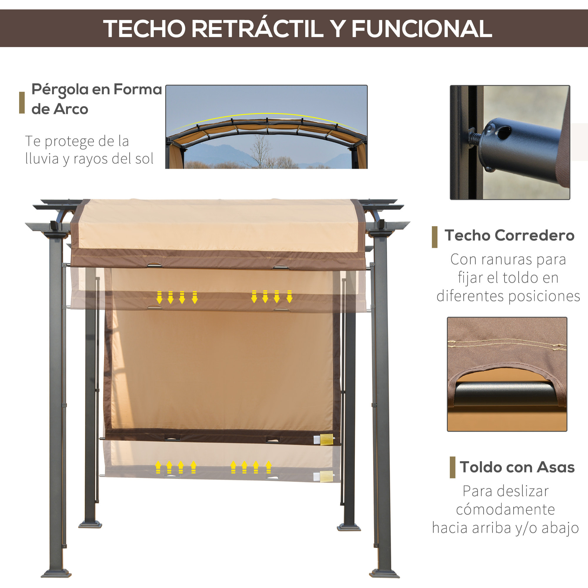 Pérgola 3x2,5m Cenador con Techo Retráctil Jardín Patio Terraza Poliéster Beige