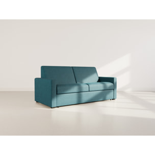 Julia - canapé lit 3 places convertible express couchage quotidien 140 cm matelas 18 cm en tissu - Bleu