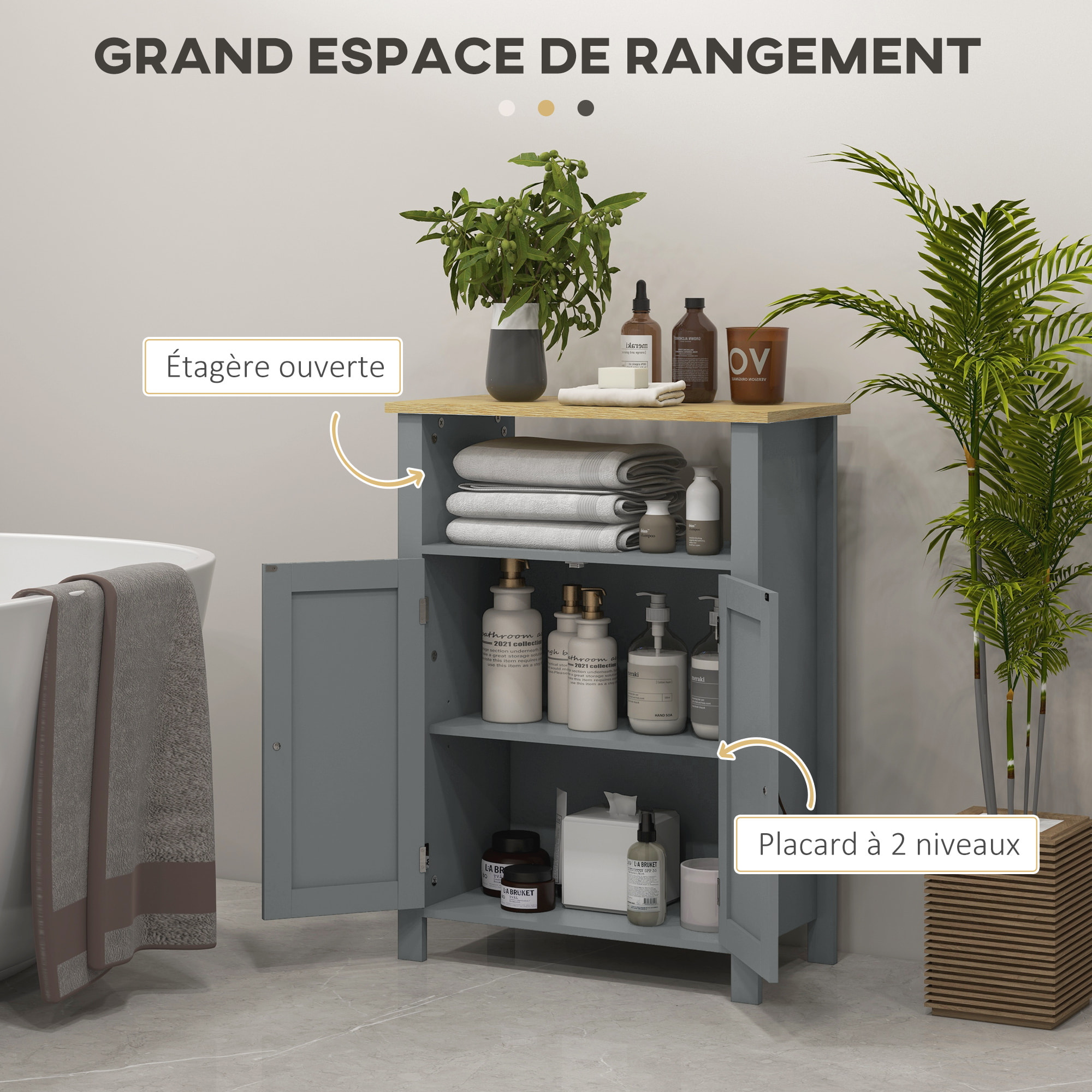 Meuble bas de salle de bain sur pied 2 portes étagère niche plateau aspect bois clair gris