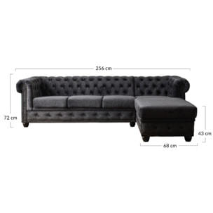 William - canapé Chesterfield d'angle droit - 4 places - en velours - Gris foncé