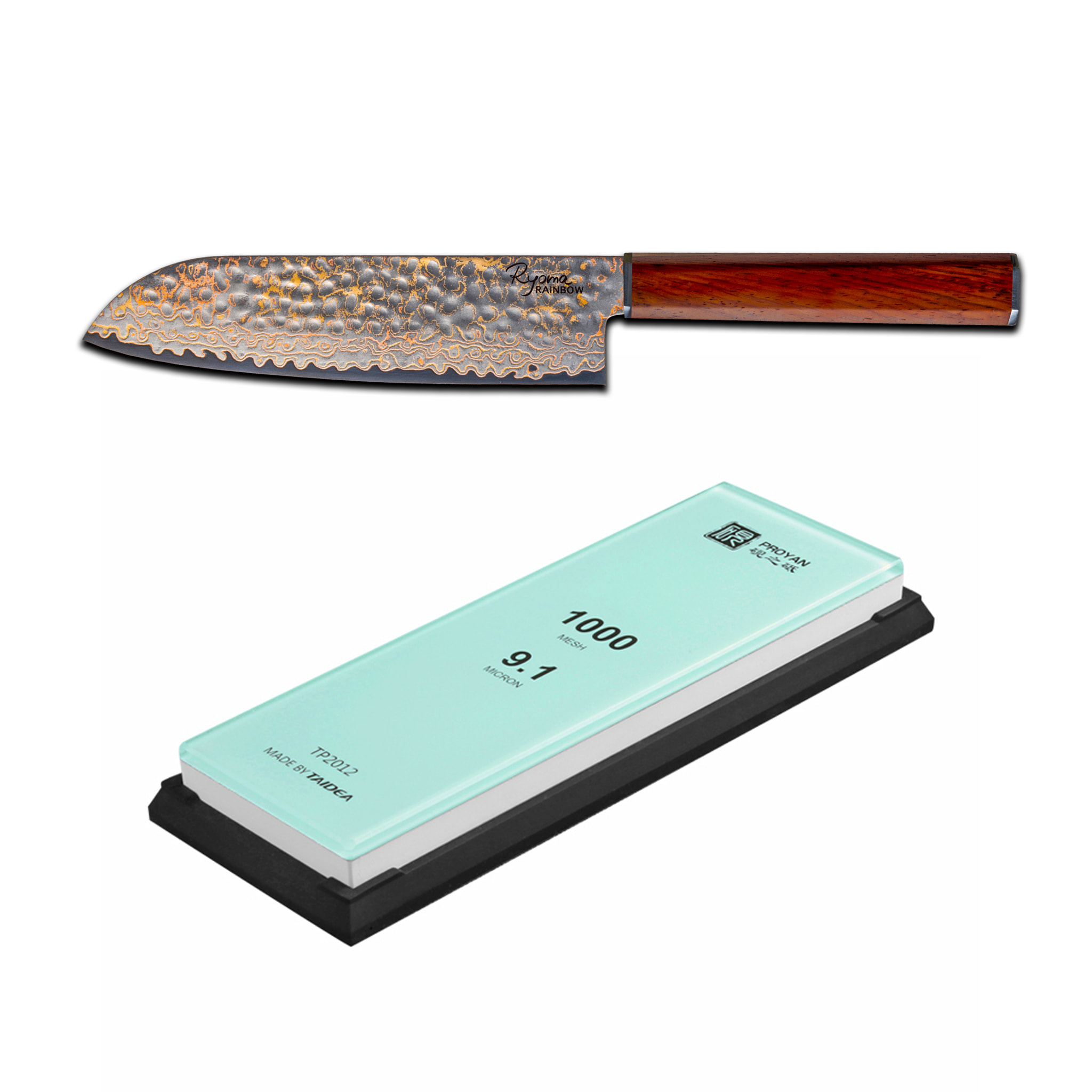 Lot couteau Santoku & aiguisage Ryoma Rainbow
