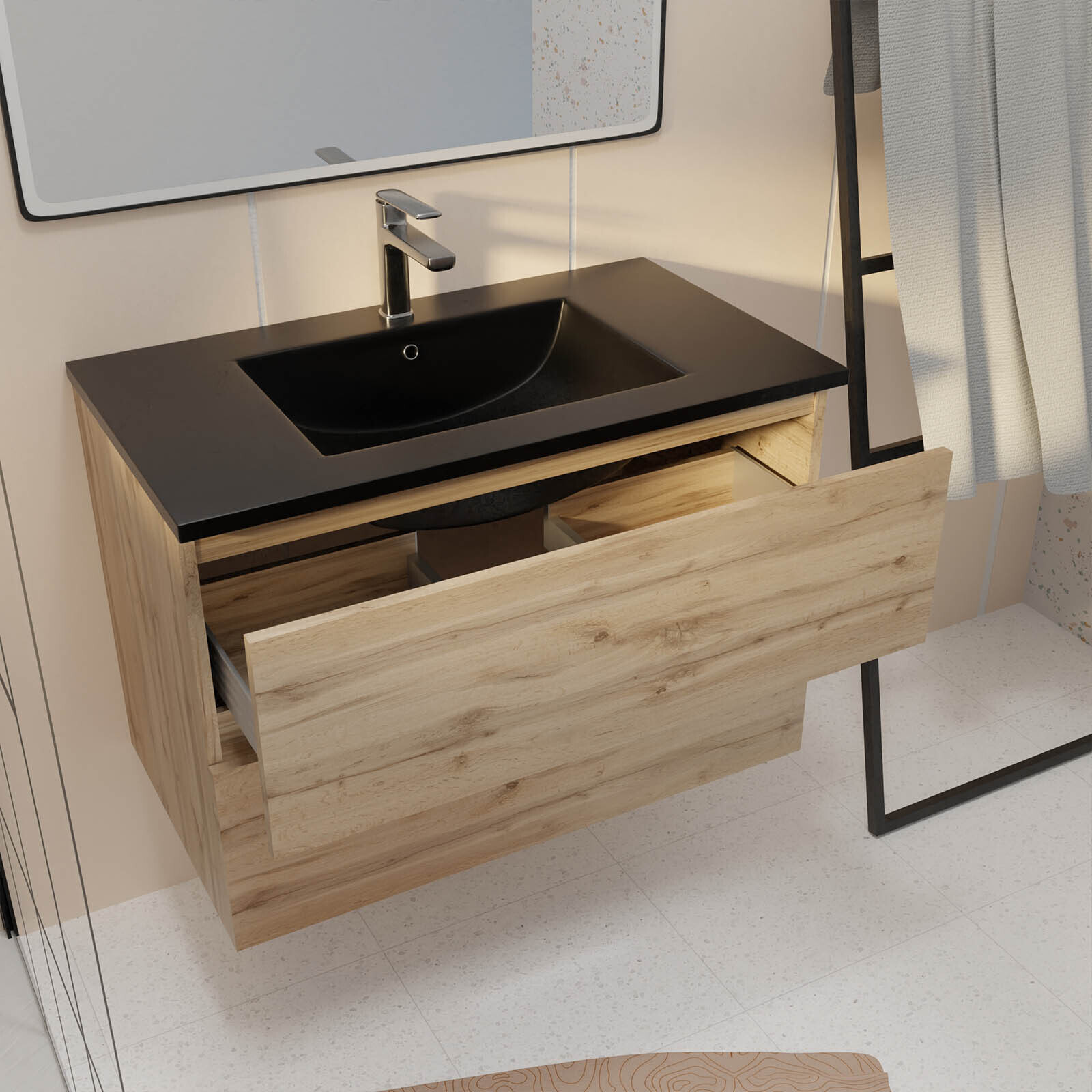Meuble de salle de bains 80 cm 2 Tiroirs Chêne Naturel + Vasque Céramique Noire - TIMBER