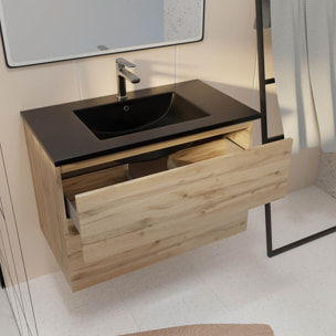 Meuble de salle de bains 80 cm 2 Tiroirs Chêne Naturel + Vasque Céramique Noire - TIMBER