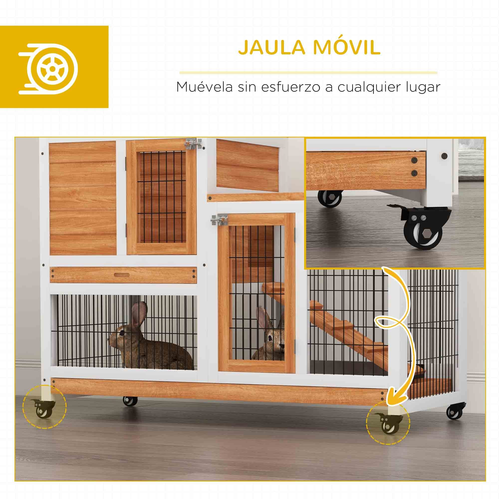 Conejera de Madera de 2 Niveles Jaula para Conejos con Ruedas Puertas Zona Abierta Rampa y 2 Bandejas Extraíbles Conejera para Interior 110x50x88 cm Natural y Blanco