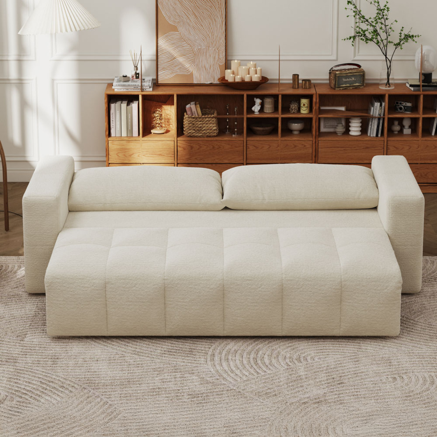 MIDLAND Canapé convertible 3 places avec coffre en bouclette beige