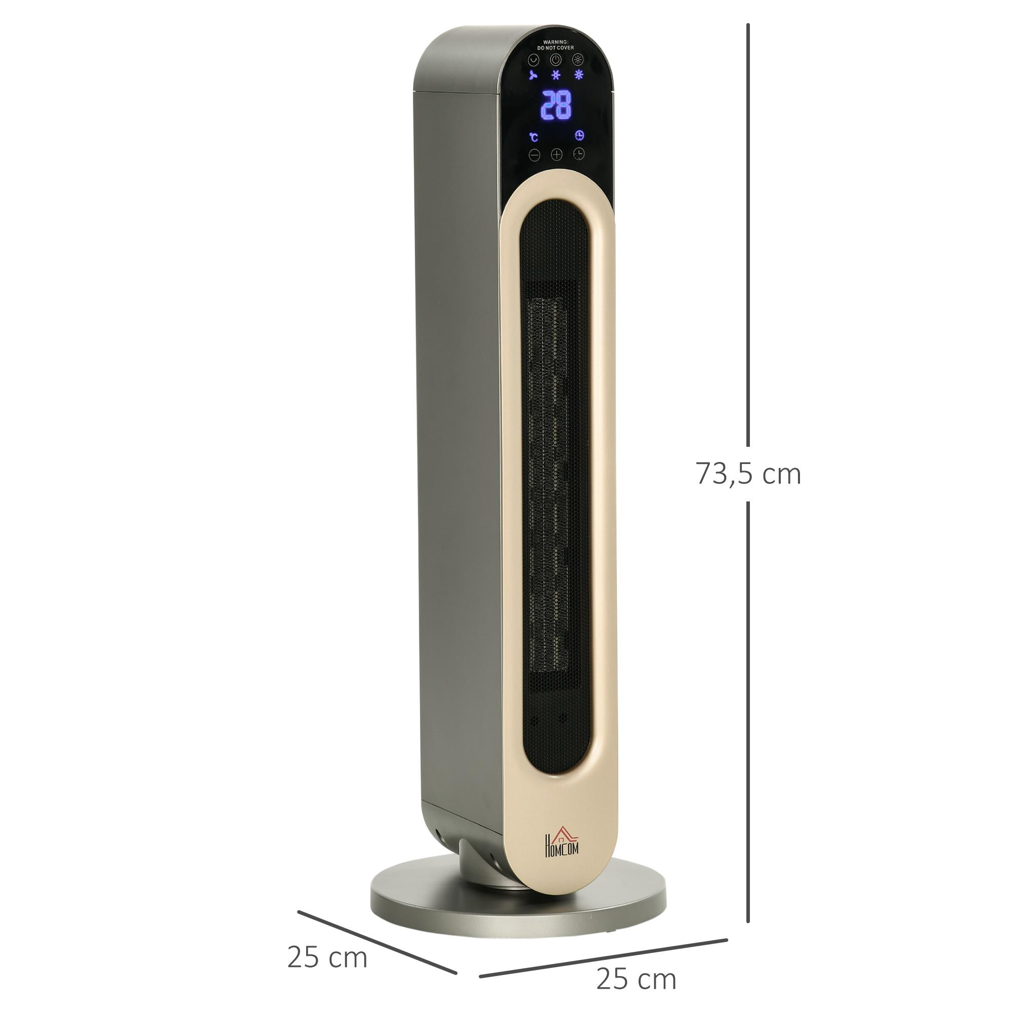 HOMCOM Calefactor Cerámico de Torre 1100/2200W Calentador Vertical con Mando a Distancia Pantalla LED Temporizador de 12H Termostato 3 Modos y Oscilación para 20-25 m² Ø25x73,5 cm Plata