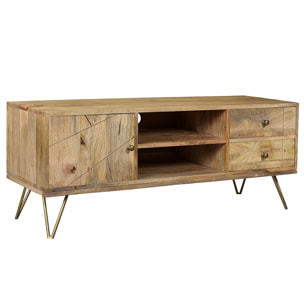 Meuble TV gravé en bois manguier massif et métal L130 LINIUM