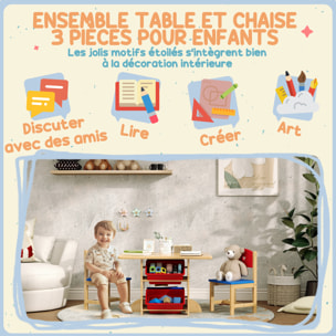 Ensemble table et chaises enfant - 4 bacs de rangement inclus - MDF bois pin clair rouge bleu