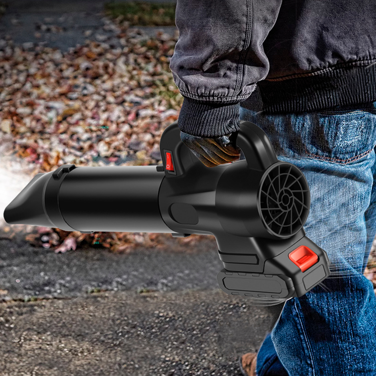 Soplador turbo con asa 21V, 1050W y 15000 mAh. Con 3 boquillas diferentes.