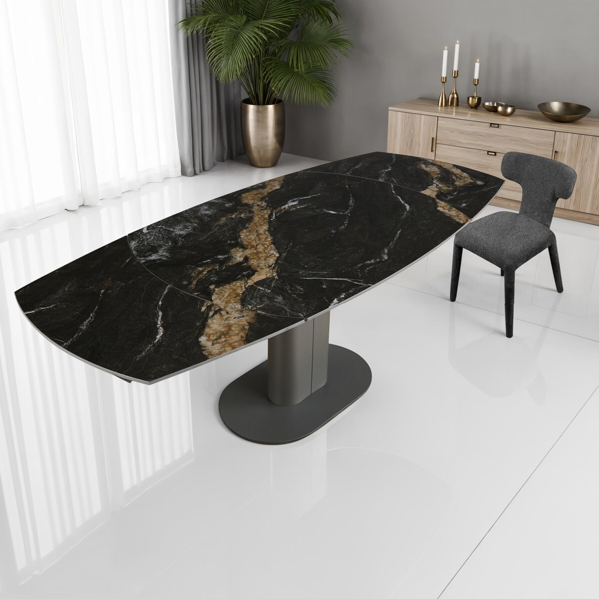 Table à manger extensible Tomasucci FYRM, en céramique, marbre noir, gris, 120/160/200 × 89 × 76 cm