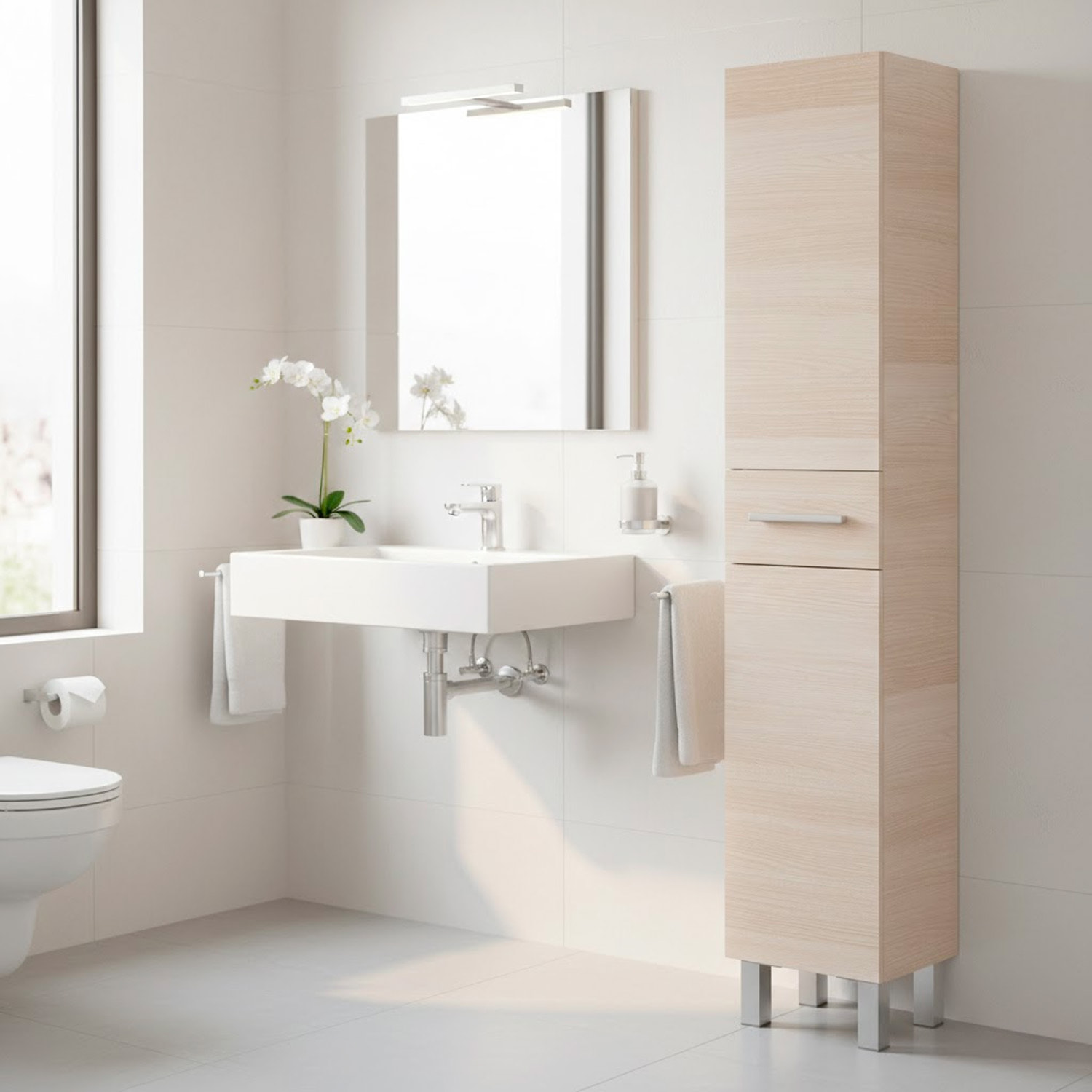 Mobile Alto Da Bagno Con 2 Ante E Cassetto Colonna Mobiletto Armadietto Salvaspazio In Melamina Lavanderia 182 x 35 x 30.5 Cm Rovere