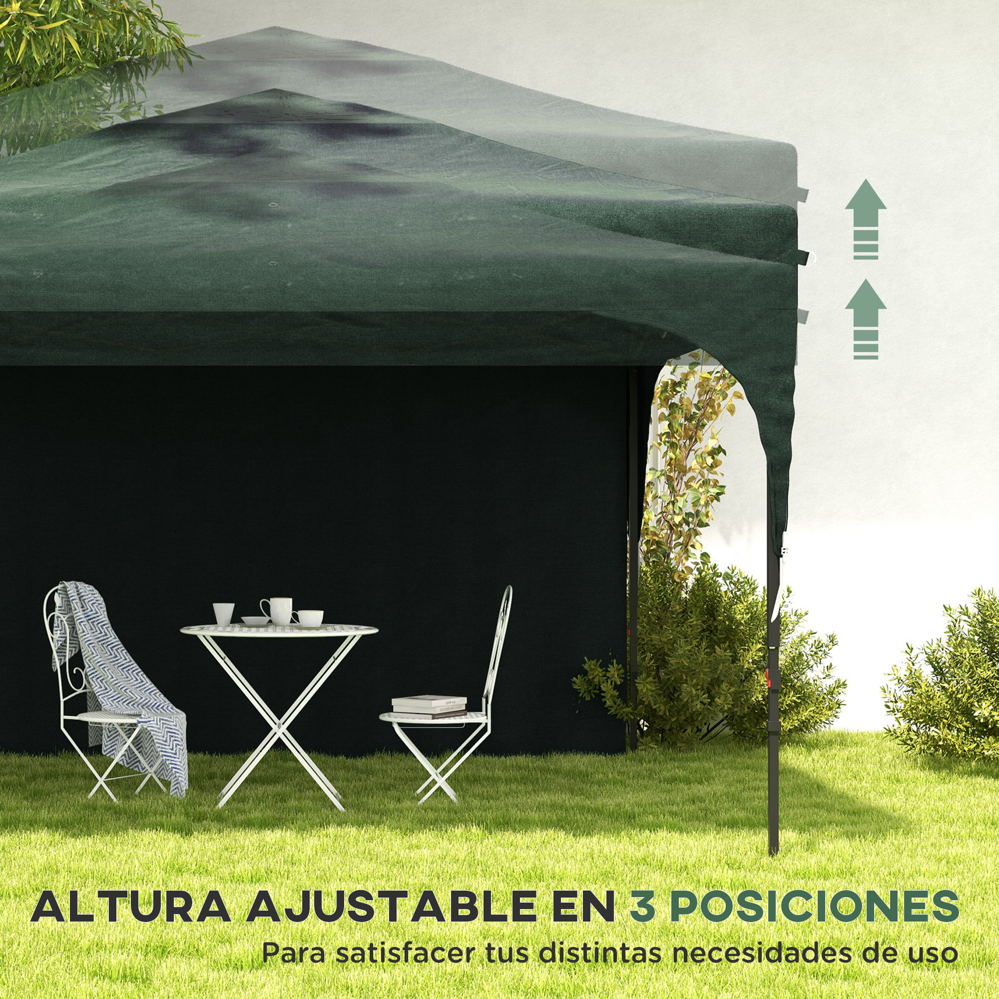 Carpa Plegable 3x3 m Altura Ajustable Cenador de Jardín con Lateral Desmontable Techo de Ventilación 4 Sacos de Arena y Bolsa de Transporte para Camping Fiestas Verde