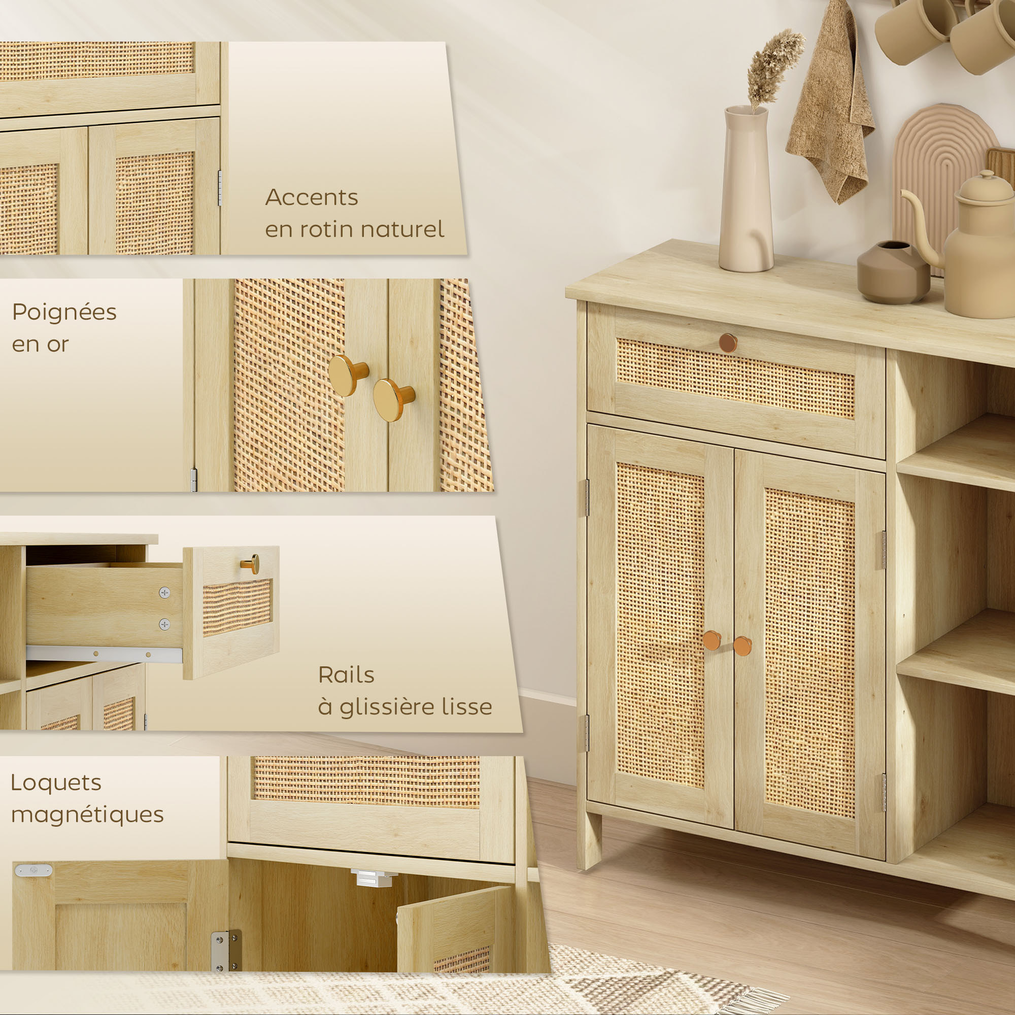 Buffet style bohème naturel - 2 portes, étagère, 3 niches, tiroir - rotin effet bois clair