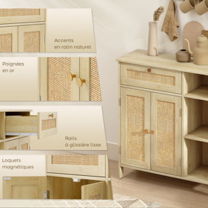 Buffet style bohème naturel - 2 portes, étagère, 3 niches, tiroir - rotin effet bois clair