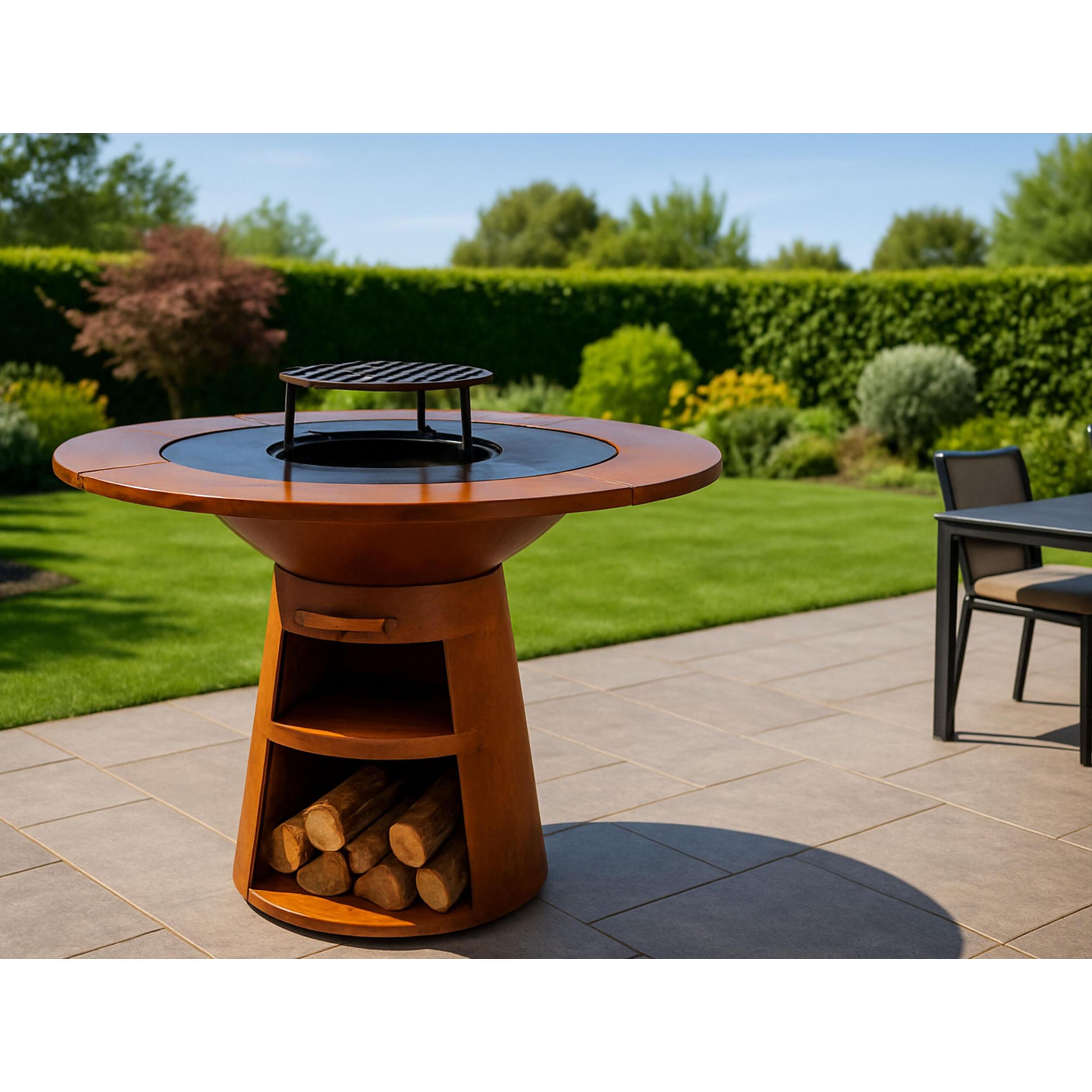 Barbacoa redonda con plancha de acero y grill y tablero de madera EFP59CO WOOD PURLINE  W